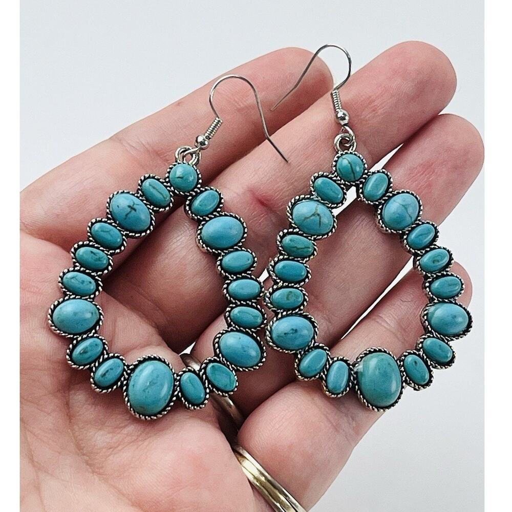TURQUOISE COLOR CABOCHON DANGLE EARRINGS LARGE SILVER TONE BOHO Statement Blue